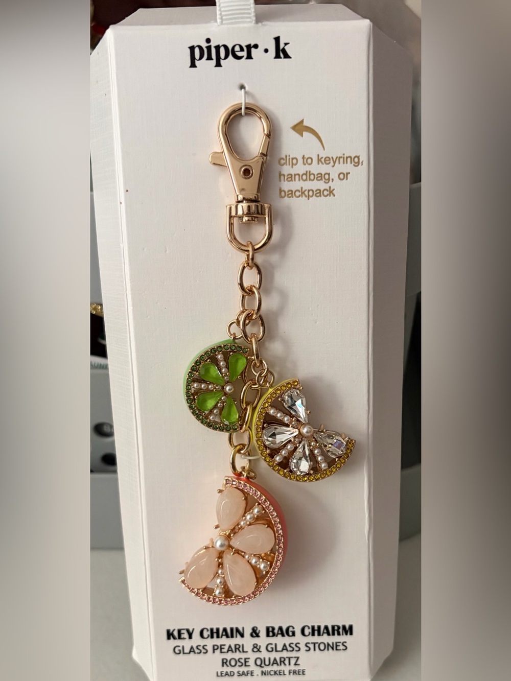 Piper K Gold-Tone Citrus Charm Keychain in Green, Yellow & Rose Quartz